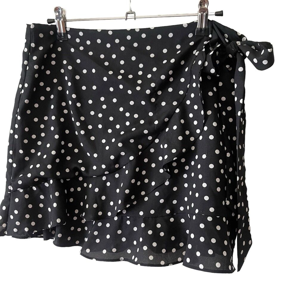 Polly US 10 Mini A-Line Skirt Black White Polka Dots Short Faux Wrap - Picture 5 of 8